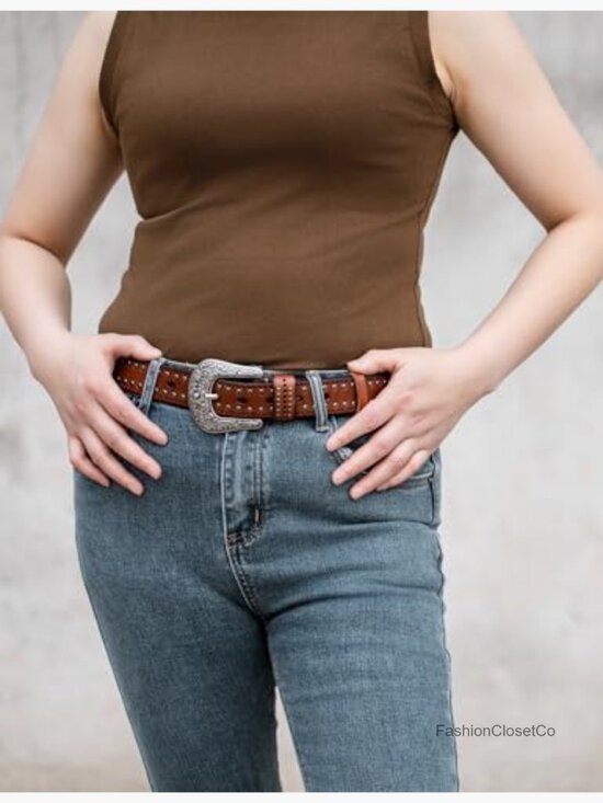 Western Studded Leather Belt with Vintage Silver Buckle main image 5